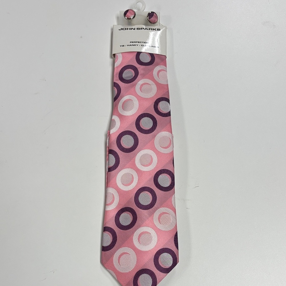 Pink and Purple Patterned Tie, hanky, and cufflinks